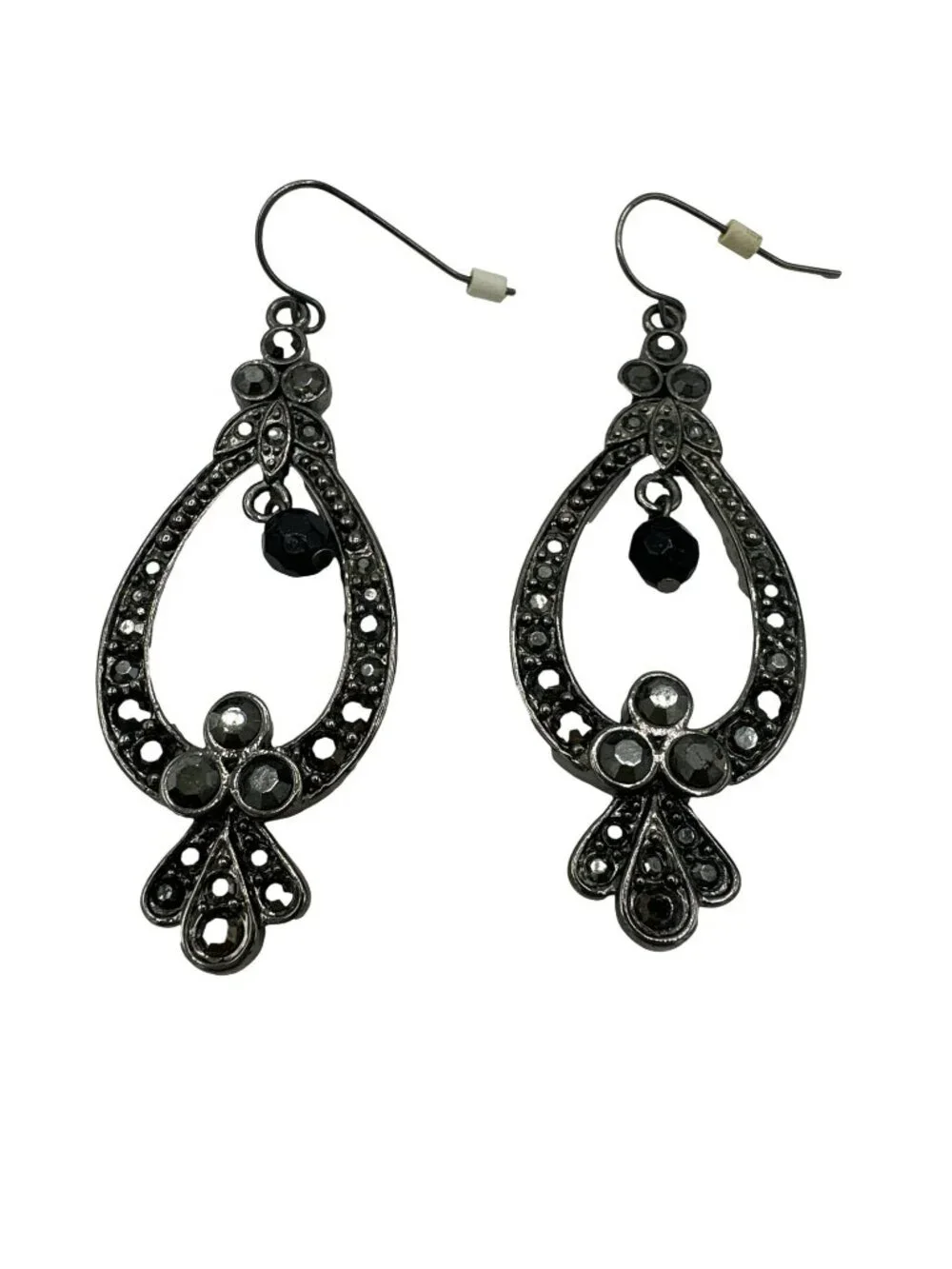 Teardrop Earrings Rhinestone Dangle Drop Gunmetal Gray Boho Intricate  2.5